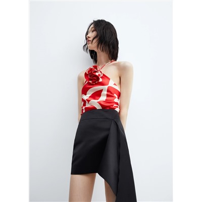 Top satinado estampado flor decorativa