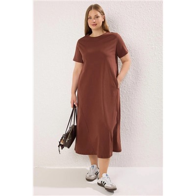 Kahverengi Midi %100 Pamuk Örme T-shirt Elbise TBBSS24AH00067