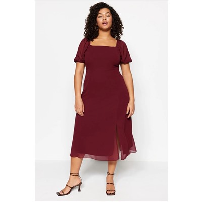 Bordo Dokuma Yırtmaçlı Elbise TBBSS22AH0012