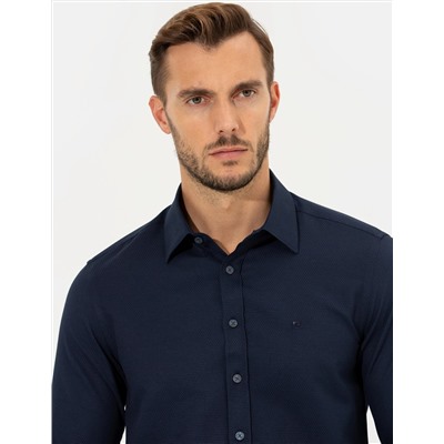 Lacivert Slim Fit Armürlü Gömlek