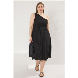Trendyol Curve Siyah Tek Omuz Crinkle Dokuma Hamile& Büyük Beden Elbise TBBSS25AH00042