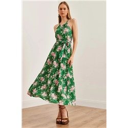 Olalook, Kadın Yeşil Pembe Halter Yaka Kuşaklı Dokuma Viscon Elbise ELB-19001548