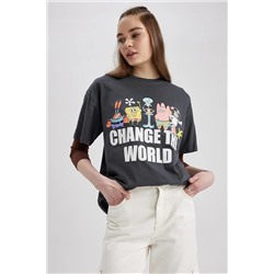 Defacto Coool Spongebob Oversize Fit Bisiklet Yaka Kısa Kollu %100 Pamuk Tişört A2767AX23SM