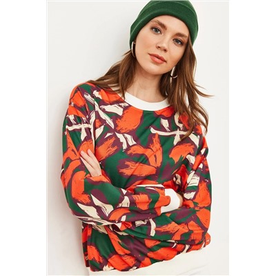 Olalook Kadın Turuncu Yeşil Basic Yumuşak Dokulu Salaş Sweatshirt SWT-19000457