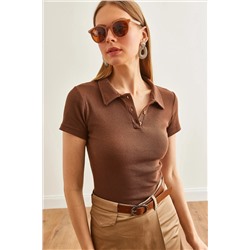 Olalook Kadın Acı Kahve Polo Yaka Düğmeli Likralı Bluz BLZ-19002558