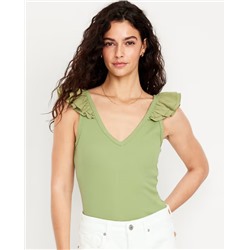 Ruffle-Trim Mixed Material Top