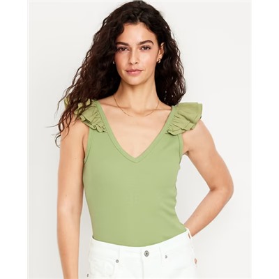 Ruffle-Trim Mixed Material Top