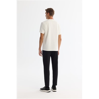 Ekru Bisiklet Yaka Baskılı Elastan T-Shirt