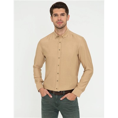 Bej Slim Fit Uzun Kollu Gömlek