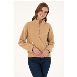 Kadın Kum Dik Yaka Fermuarlı Polar Sweatshirt