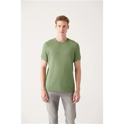 Avva Erkek Su Yeşili Bisiklet Yaka Dokulu Ribanalı Standart Fit Normal Kesim Triko T-shirt B005010