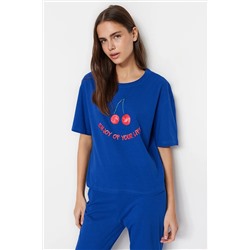 TRENDYOLMİLLA Lacivert %100 Pamuk Meyve Baskılı T-shirt-Pantolon Örme Pijama Takımı THMSS23PT00134