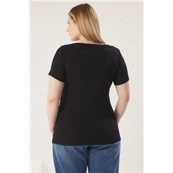 Siyah Fitted Kayık Yaka Fitilli Kaşkorse Örme Büyük Beden Bluz TBBSS25AF00047