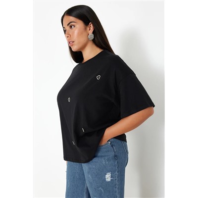 Siyah Kalp Aksesuar Detaylı Oversize %100 Pamuk Örme T-shirt TBBSS24BF00008