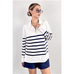 Ritnice Viscose Doku Exe Premium Selection Polo Yaka Fermuarlı Ekru Lacivert Çizgili Triko Kazak 1254