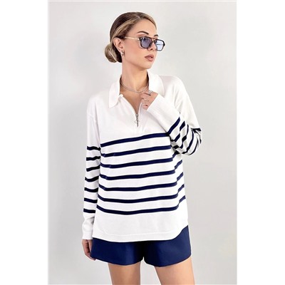 Ritnice Viscose Doku Exe Premium Selection Polo Yaka Fermuarlı Ekru Lacivert Çizgili Triko Kazak 1254