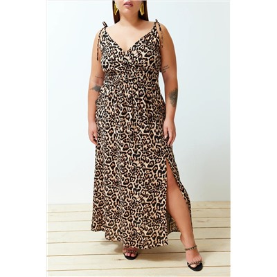 Camel Maxi/Uzun Boy Yırtmaçlı Yazlık Leopar Desenli Dokuma Elbise TBBSS24AH00136