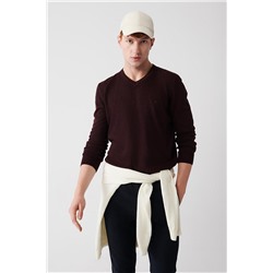 Bordo V Yaka Tüylenme Yapmayan Regular Fit Standart Kesim Triko Kazak