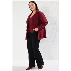 Bordo Astarlı Oversize/Bol Kesim Blazer Dokuma Büyük Beden Kumaş Ceket TBBAW25AG00019