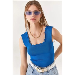 Olalook, Kadın İndigo Yaka Detaylı Bel Üstü Triko Bluz BLZ-19001450