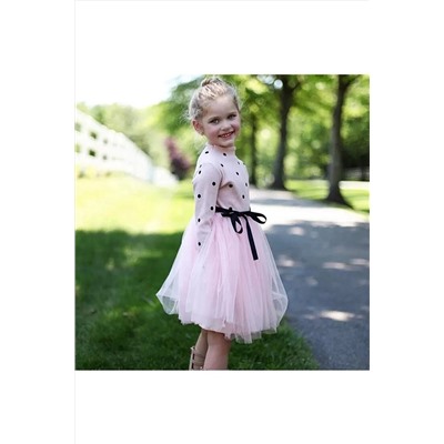 Şirin Şeyler Butiği Linda Kız Bebek Çocuk Prenses Kabarık Tütü Elbise Uzun Kol Puantiyeli Esnek Likralı Pembe 75P