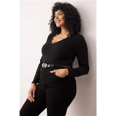 Siyah V Yaka Yakası Dantel Detaylı Örme Çıtçıtlı Büyük Beden Body TBBAW26CS00001
