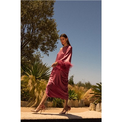 FEATHERED SATIN LONG DRESS