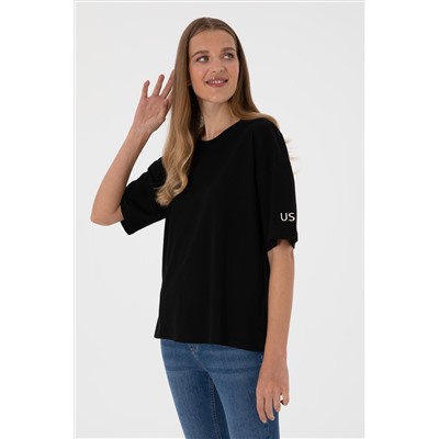 Kadın Siyah Oversize Bisiklet Yaka Tişört