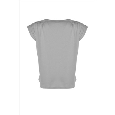 Gri Bisiklet Yaka Basic %100 Pamuk Örme Büyük Beden Bluz TBBSS23AF00053