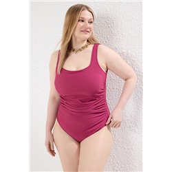 Trendyol Curve Bordo Kare Yaka Büzgülü Büyük Beden Mayo TBBSS24AM00020