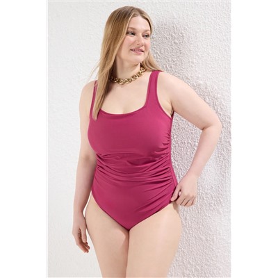 Trendyol Curve Bordo Kare Yaka Büzgülü Büyük Beden Mayo TBBSS24AM00020