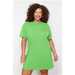 Yeşil Bisiklet Yaka slogan Baskılı %100 Pamuk Örme Büyük Beden T-shirt Elbise TBBSS23AH00162