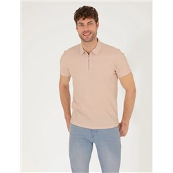 Bej Slim Fit Fermuarlı Polo Yaka Tişört