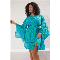 Mavi Soyut Desenli Kuşaklı Mini Dokuma Büyük Beden Kimono&Kaftan TBBSS25DE00004