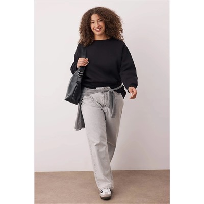 Siyah Oversize/Rahat Kesim Basic Bisiklet Yaka Kalın/İçi polarlı Örme Sweatshirt TBBAW25AO00008