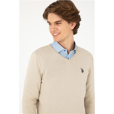 Erkek Slim Fit V Yaka Taş Melanj Basic Kazak