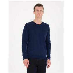 Açık Lacivert Slim Fit Bisiklet Yaka Basic Triko Kazak