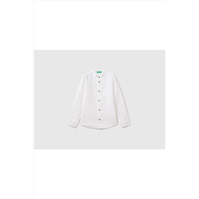 United Colors of Benetton Erkek Çocuk Beyaz Keten Karışımlı Hakim Yaka Gömlek Beyaz 223P5OK4CQ01F