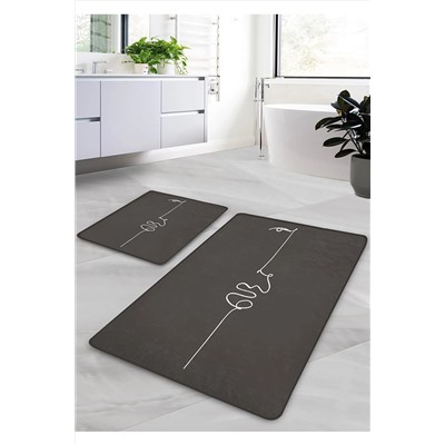 Pilloveland Kaymaz Taban Yıkanabilir 2’li Banyo Paspası - Antrasit Portre Desenli 60*100 Cm - 50*60 Cm BM0165