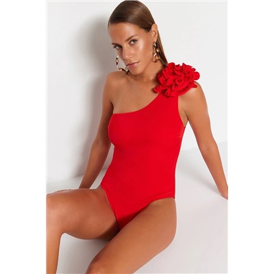 TRENDYOLMİLLA Kırmızı Tek Omuz Çiçek Aplikeli Mayo TBESS23MA00401