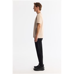 Bej Bisiklet Yaka Baskılı Elastan T-Shirt