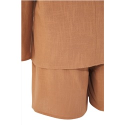 Kahverengi V Yaka Bağlama Detaylı Pamuk Flam Beachwear Büyük Beden Alt-Üst Takım TBBSS25CP00012
