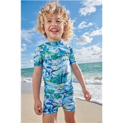 Grün mit Dinsauriermotiv - Sonnenschutzset aus Oberteil und Shorts, 2-teilig (3 Monate bis 7 Jahre)