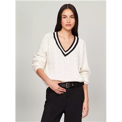 Cable Knit Varsity V-Neck Sweater