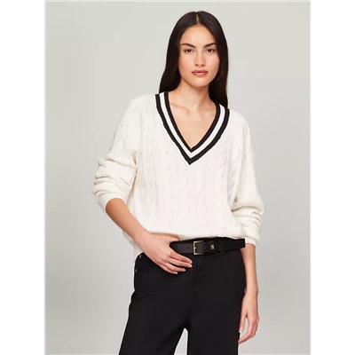 Cable Knit Varsity V-Neck Sweater