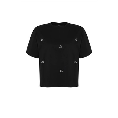 Siyah Kalp Aksesuar Detaylı Oversize %100 Pamuk Örme T-shirt TBBSS24BF00008