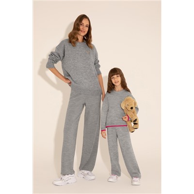 Kadın Gri Melanj Loose Fit Triko Pantolon