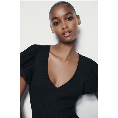 RIBBED BODYSUIT WITH RUFFLES
