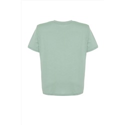 Mint Yeşili Boyfriend Fit Yanda Çıt Çıt Detaylı %100 Pamuk Örme Büyük Beden T-shirt TBBSS24BF00000
