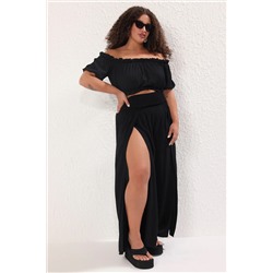 Siyah Düz Beli Gipeli Geniş Paça Plaj Giyim Büyük Beden Pantolon TBBSS25AR00010